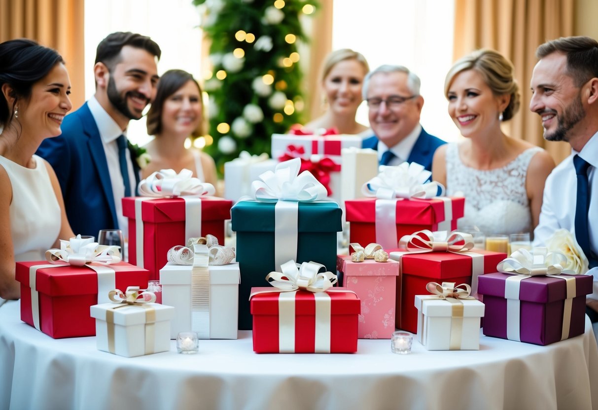 A table set with various wedding gifts, surrounded by happy guests