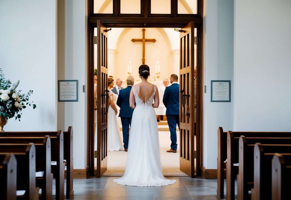 A woman stands at the entrance of a church, watching the wedding rehearsal through the open doors