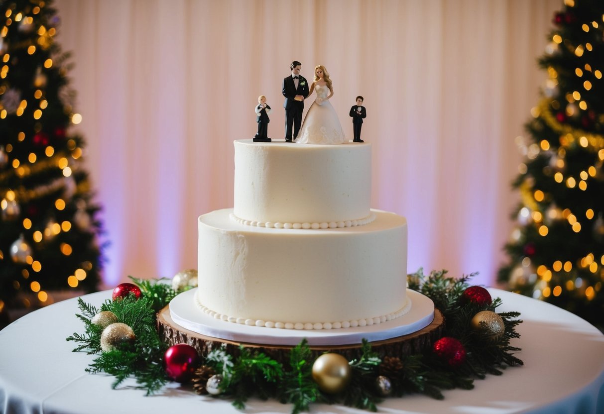 A wedding cake with two separate tiers, one with figurines and the other with no figurines, surrounded by festive decorations