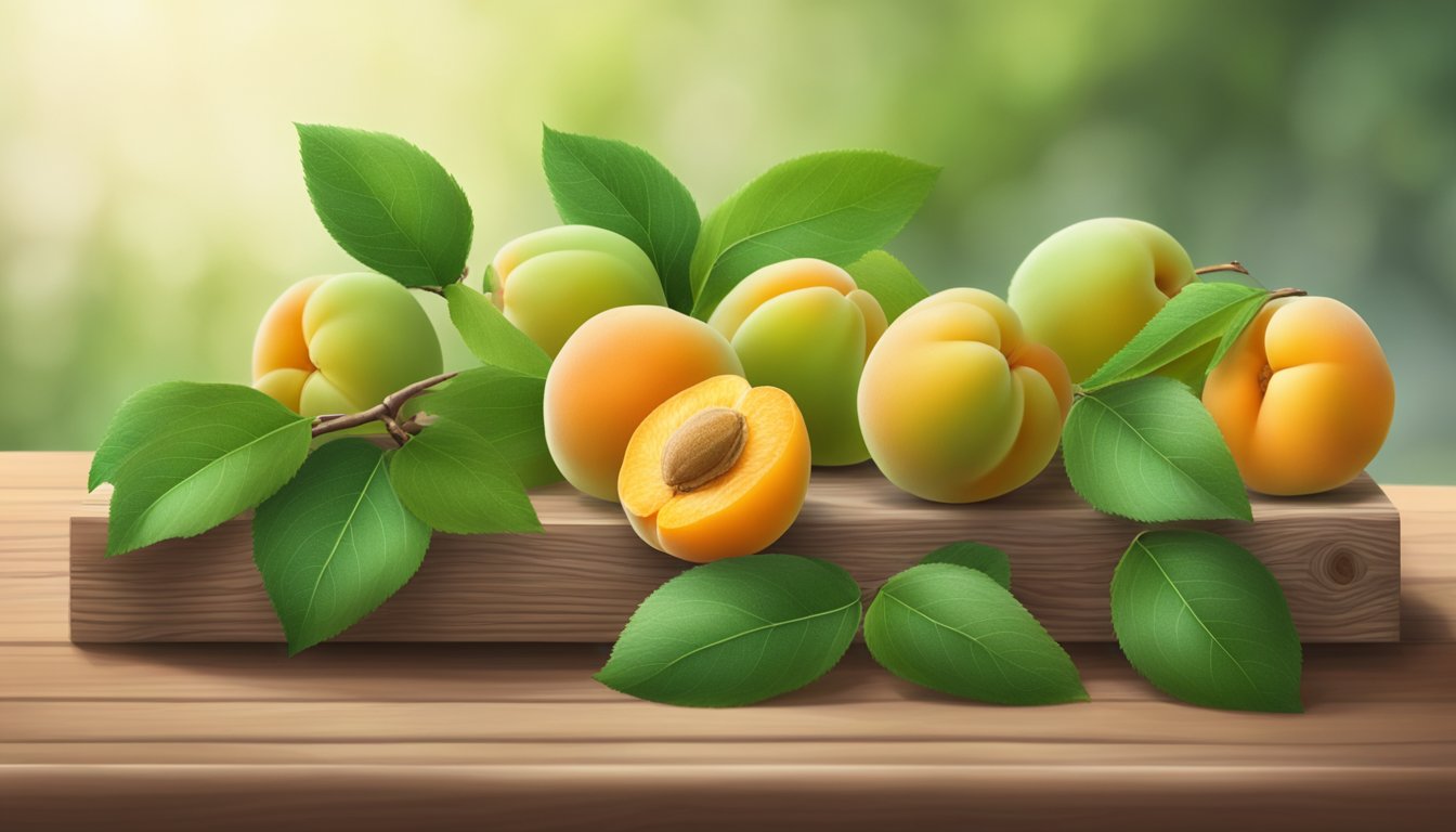 A cluster of unripe apricots sits on a wooden table next to a ripe apricot. A faint gas surrounds the ripe fruit, indicating the release of ethylene gas