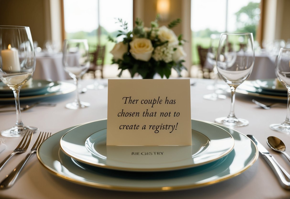 A table set for a wedding with elegant place settings and a note politely stating that the couple has chosen not to create a registry