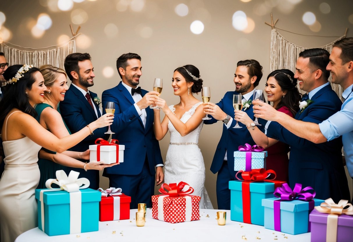 A couple surrounded by friends and family, raising a toast at a non-traditional wedding celebration. Gifts are displayed in a creative and festive manner