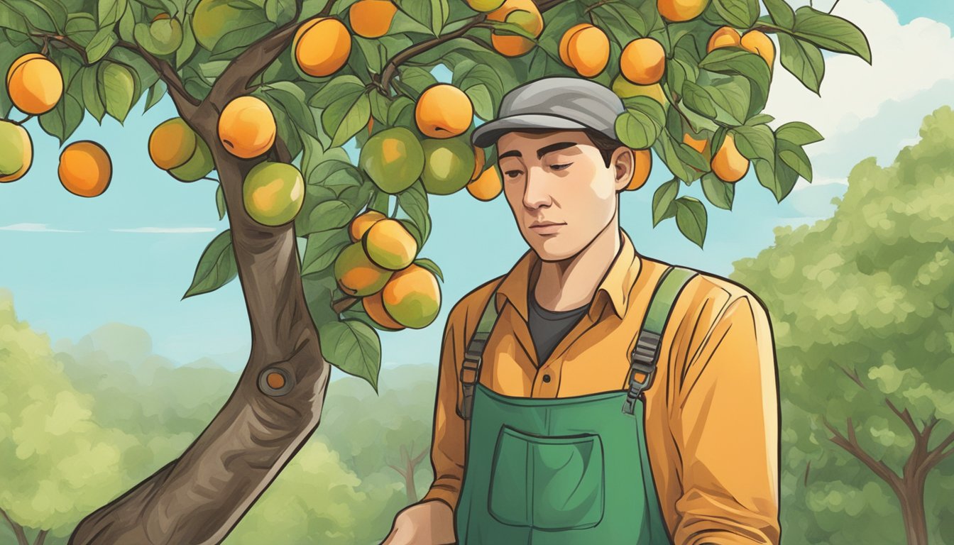 A person picking an unripe apricot from a tree, with a concerned expression on their face as they examine the fruit