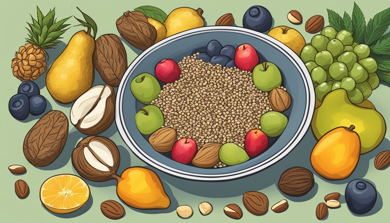 A bowl of hemp seeds surrounded by various fruits and nuts, with a sign reading "Health Benefits" displayed prominently