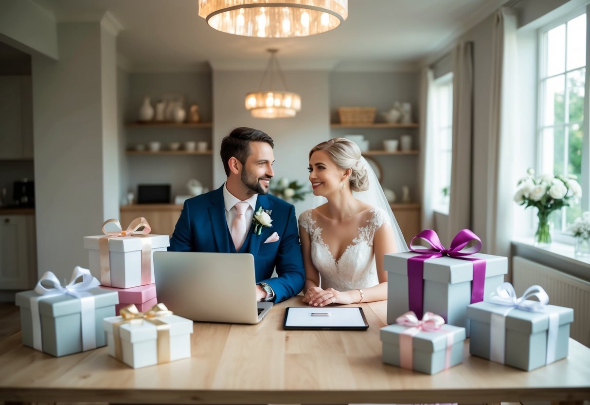 A wedding couple sits at a table, surrounded by gift boxes and a laptop. They discuss whether to create a wedding registry