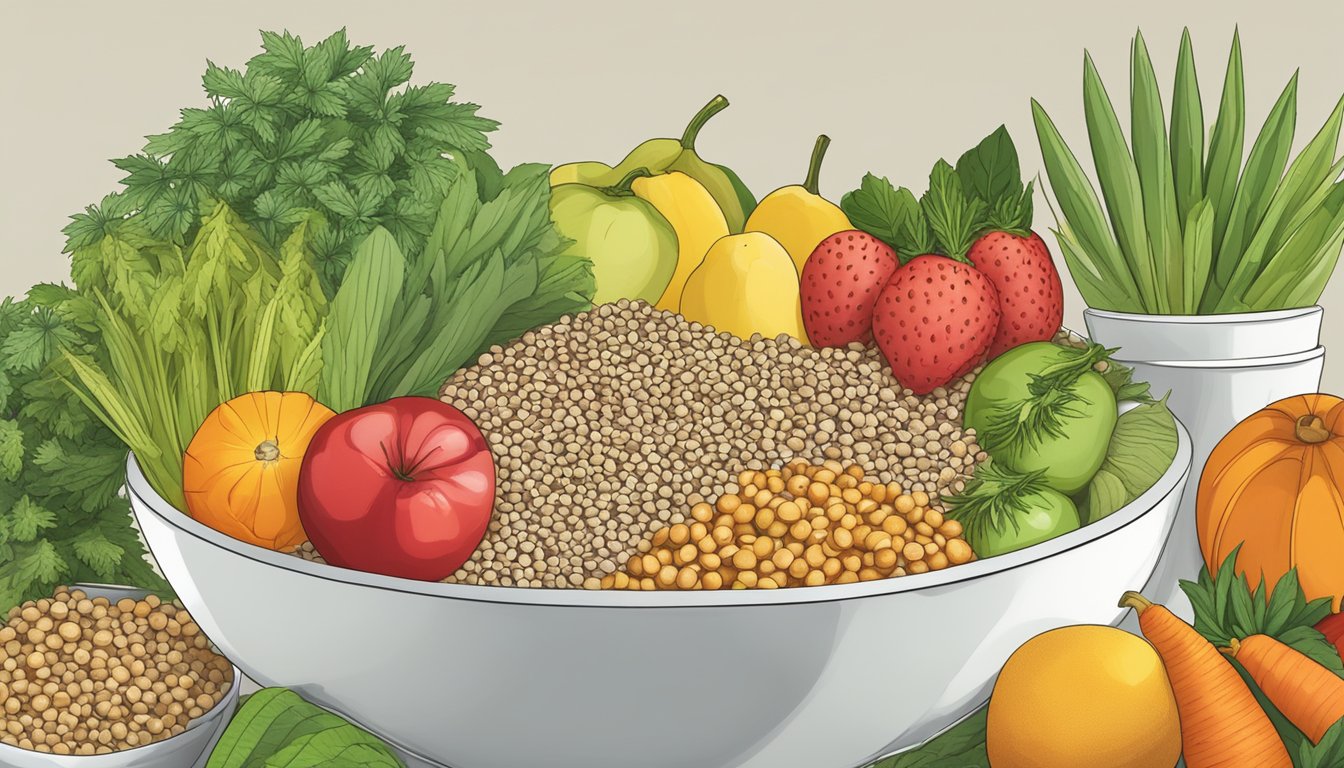 A bowl of hemp seeds surrounded by various fruits and vegetables, with a small sign indicating "Dietary Considerations" in the background