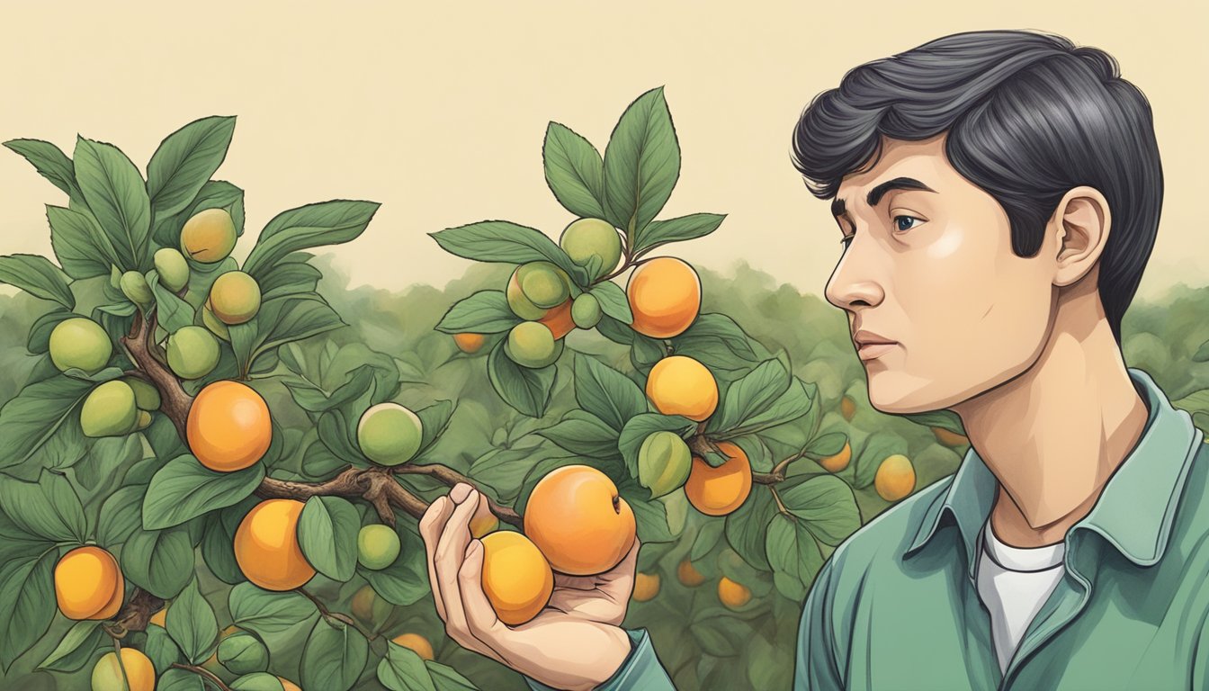 A person holding a ripe apricot in one hand while examining an unripe apricot in the other, with a concerned expression on their face