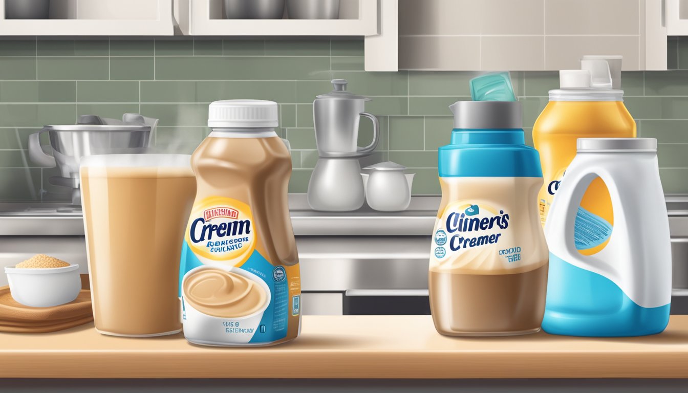 An open container of expired non-dairy creamer with a spoiled and separated liquid inside, sitting on a cluttered kitchen counter