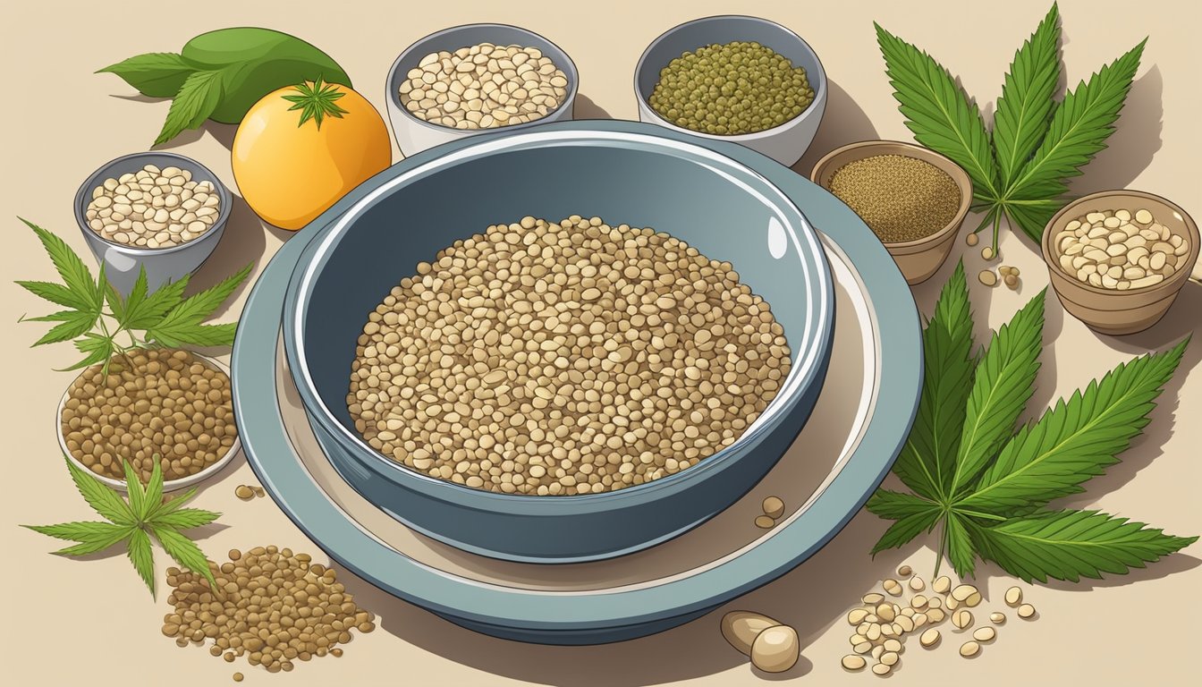 A bowl of hemp seeds surrounded by various culinary ingredients and utensils