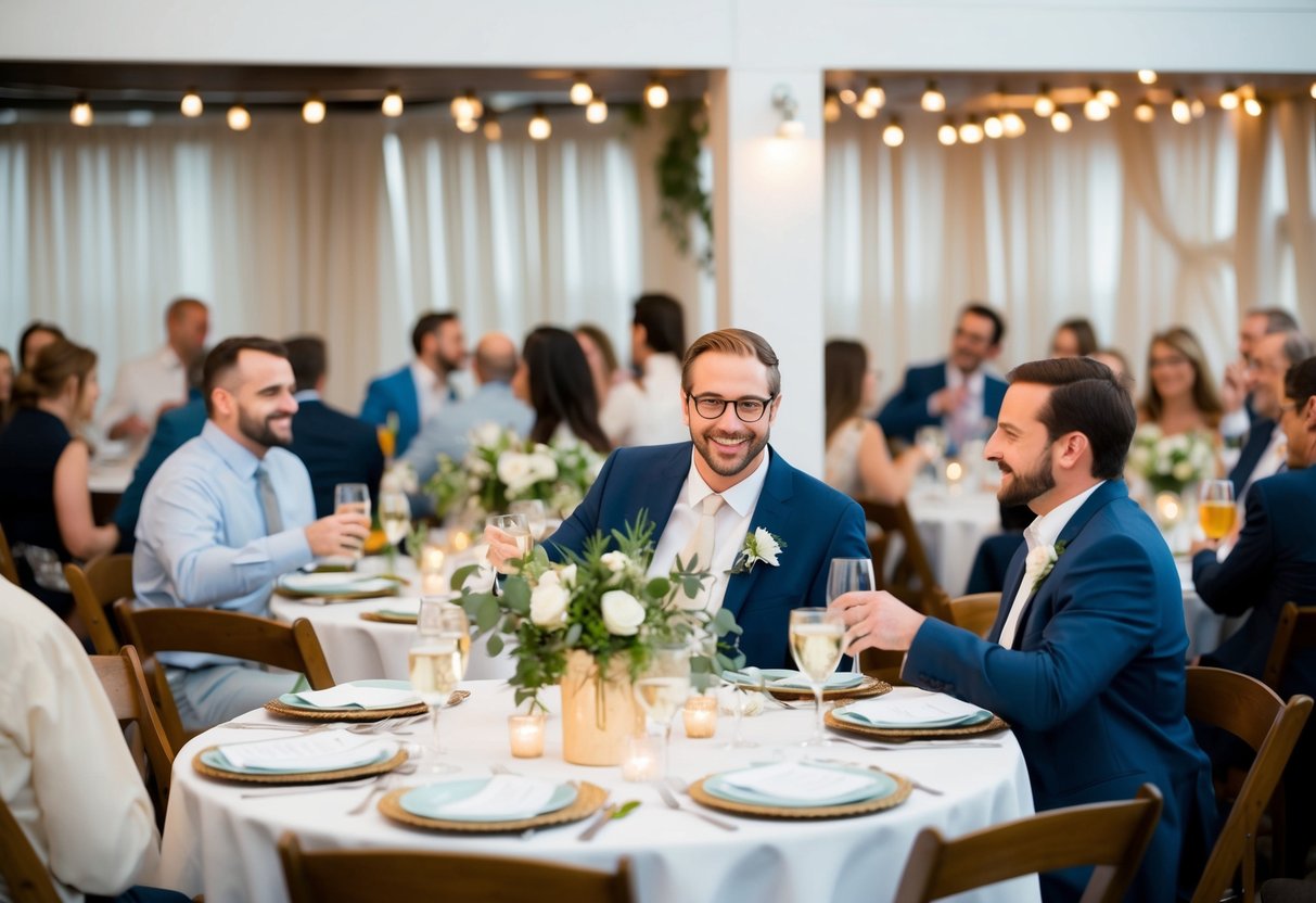 A casual, relaxed atmosphere with a mix of formal and informal elements. Tables adorned with simple centerpieces and guests mingling with drinks in hand