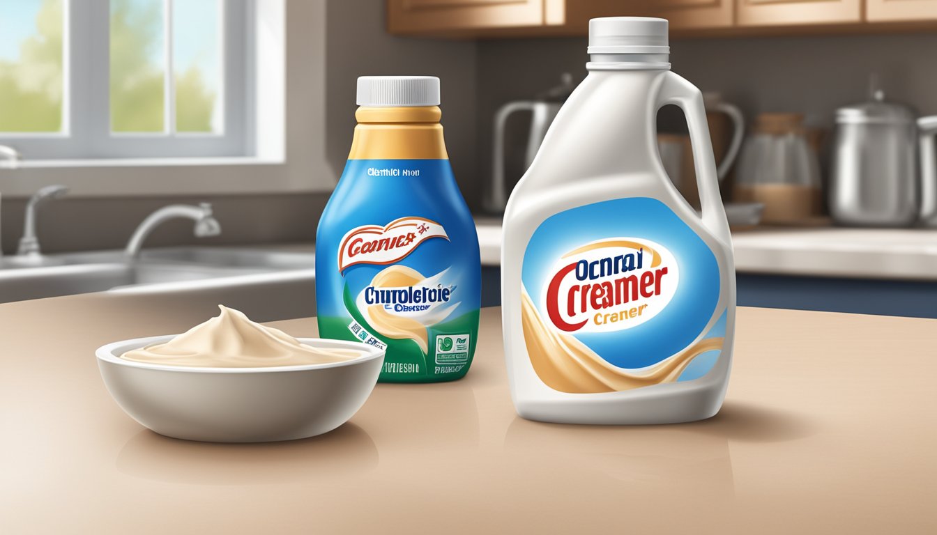 A carton of expired non-dairy creamer sits on a kitchen counter, surrounded by curdled liquid and a foul odor