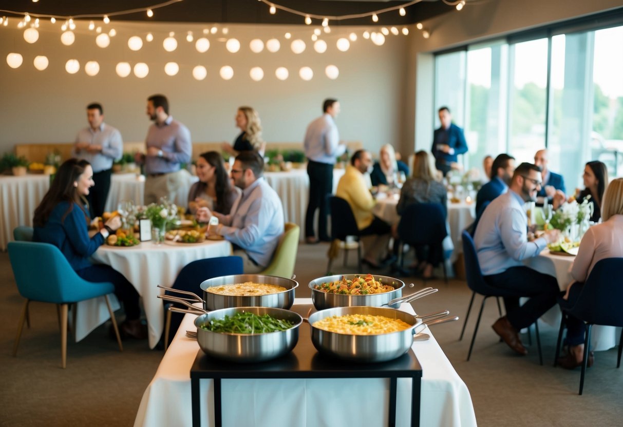 A relaxed, casual atmosphere with simple decor and informal seating arrangements. A buffet-style spread of food and drinks with guests mingling and chatting
