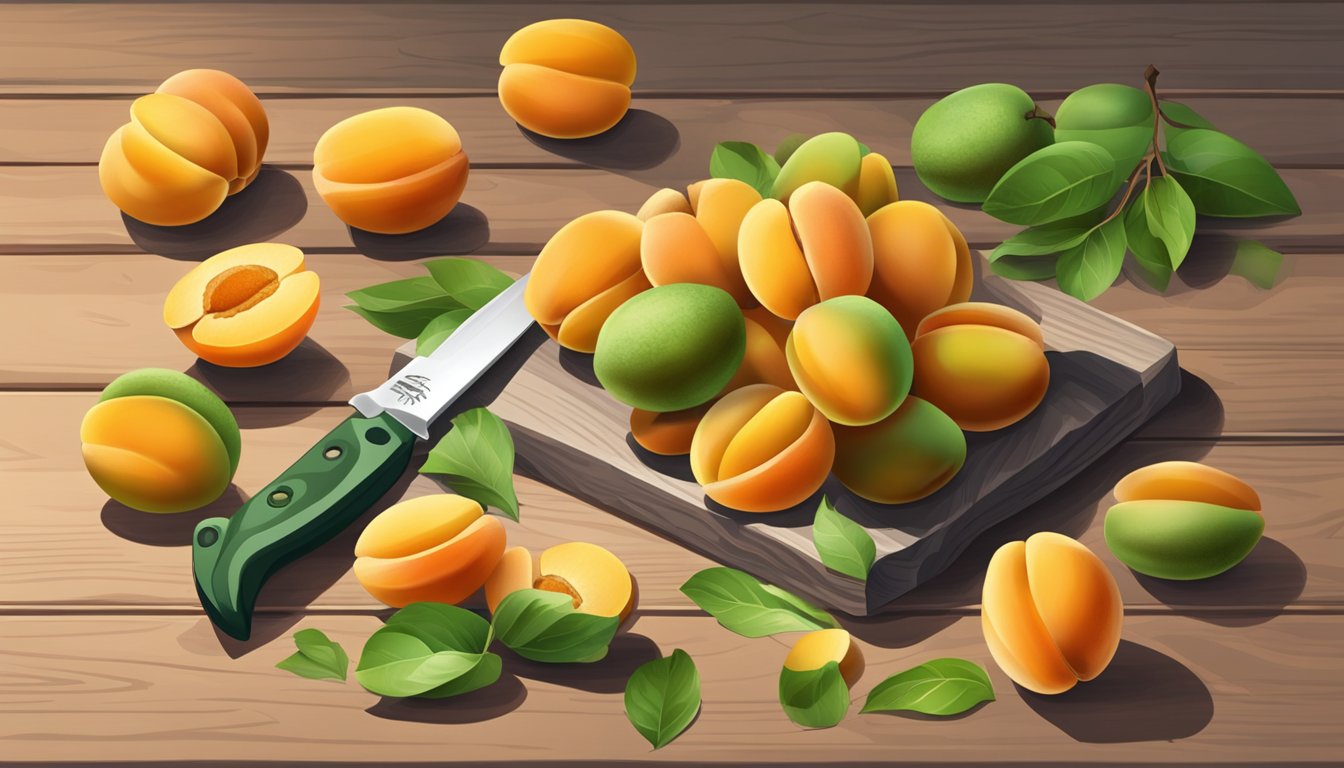 A pile of unripe apricots scattered on a wooden table, some whole, some cut open to reveal their green flesh. A knife and cutting board sit nearby