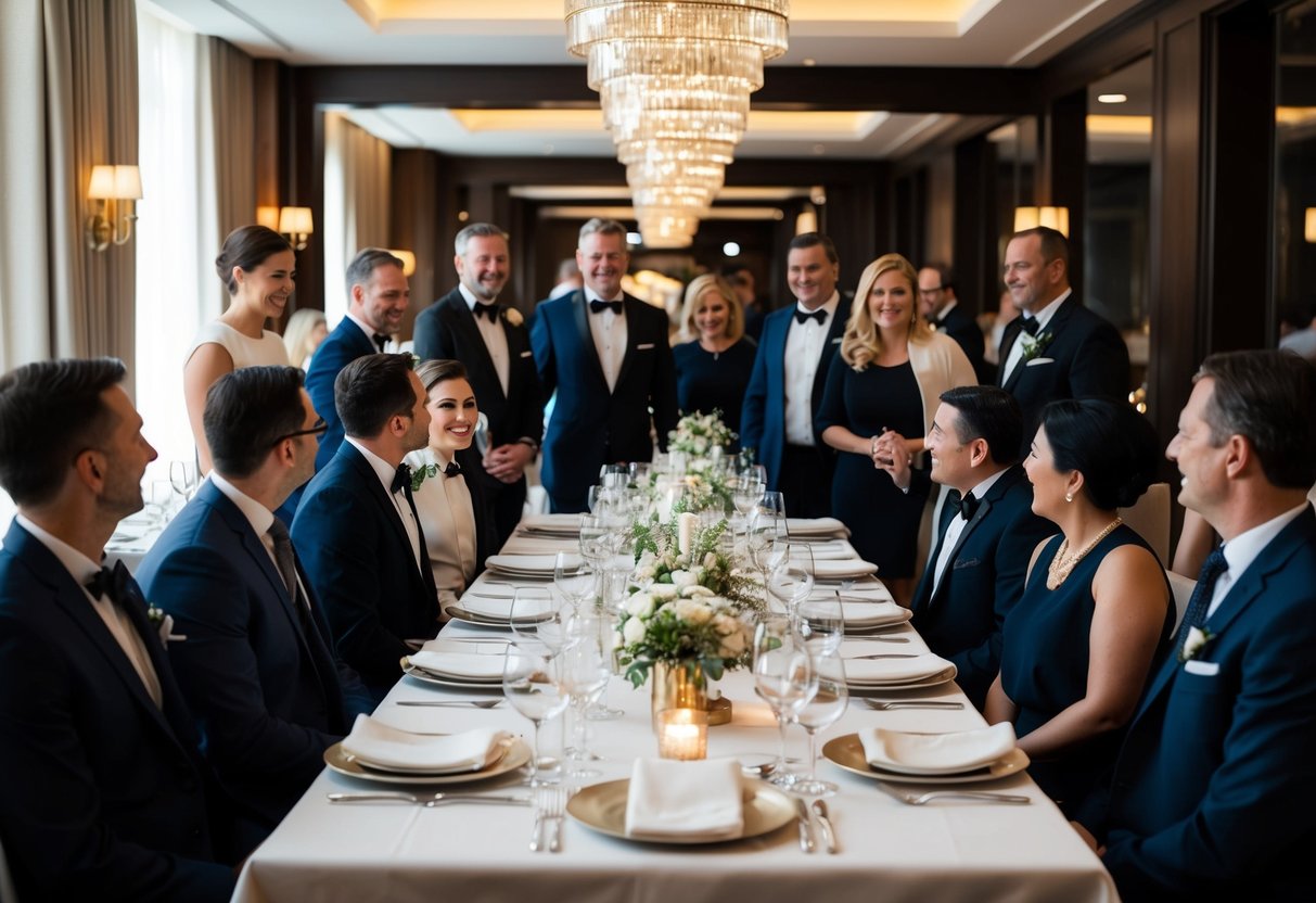 A group of people in formal attire gather at a dimly lit restaurant with elegant decor and soft lighting. Tables are set with crisp linens and sparkling glassware