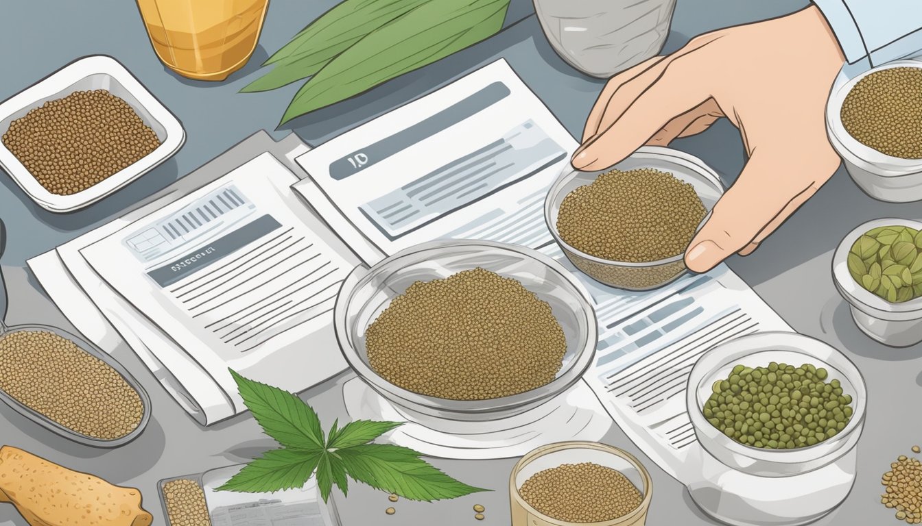 A person holding a handful of hemp seeds, surrounded by various food safety research documents and articles