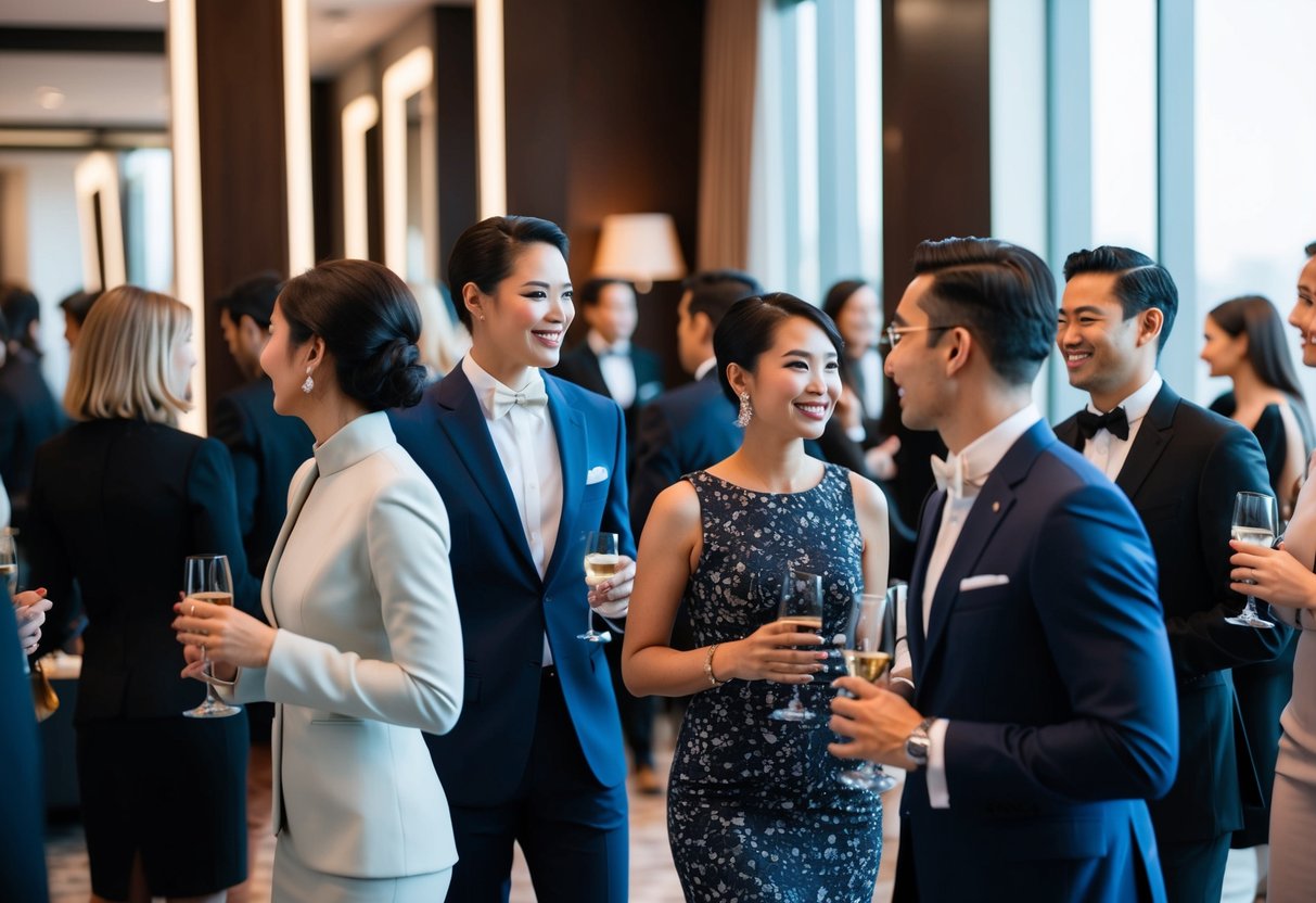 A group of elegantly dressed individuals mingling in a sophisticated and upscale setting, with a relaxed yet polished atmosphere