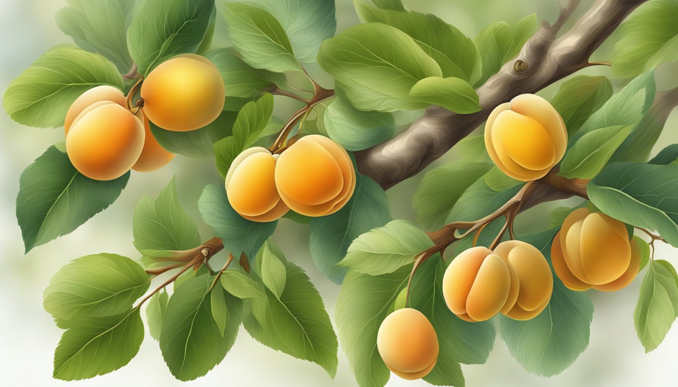 A cluster of apricots, some ripe and golden, others still green and unripe, hanging from a leafy branch