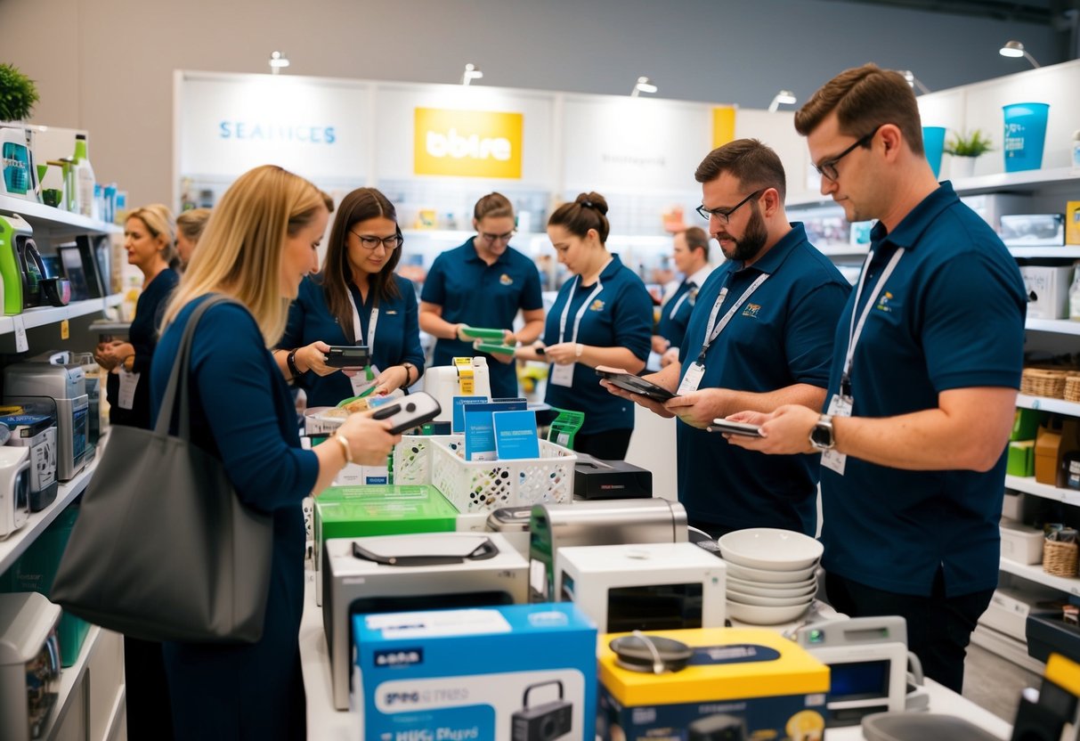 Guests browse and select items from a display of household goods, electronics, and kitchenware. Staff assist with scanning and organizing chosen items