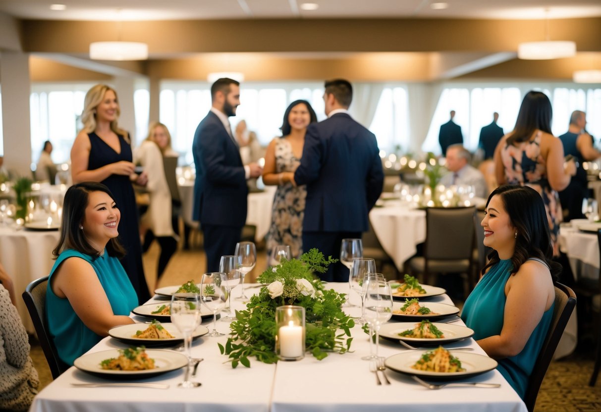 A relaxed setting with casual attire and a buffet-style dinner. Tables are adorned with simple centerpieces and guests mingle freely
