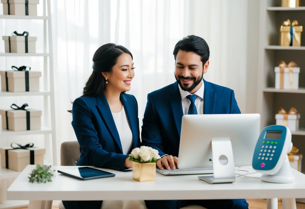 A couple sits at a computer, managing their wedding registry online. Shelves of gifts and a scanner are nearby