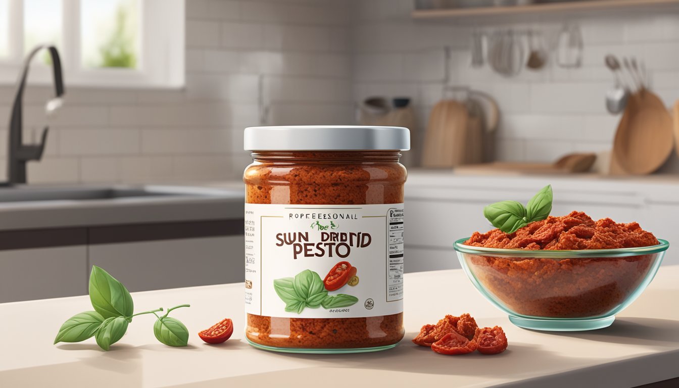 A jar of sun-dried tomato pesto sits on a kitchen counter, its expiration date clearly visible on the label. A few sun-dried tomatoes and basil leaves are scattered around it