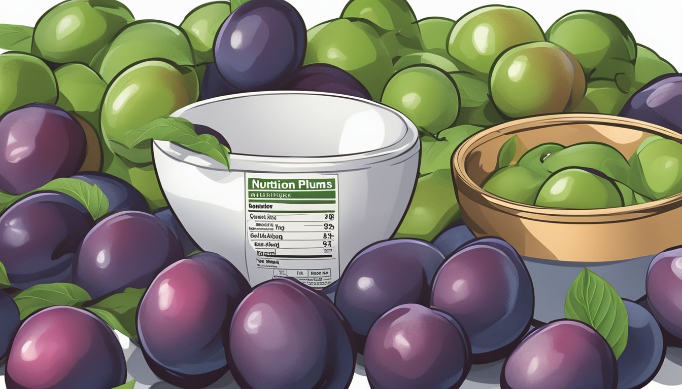 A bowl of unripe plums next to a bowl of ripe plums, with a nutrition label and a question mark