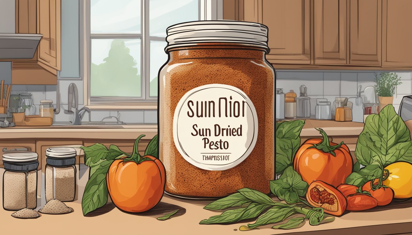 A jar of sun-dried tomato pesto sits on a kitchen counter, surrounded by various ingredients and a calendar showing the expiration date