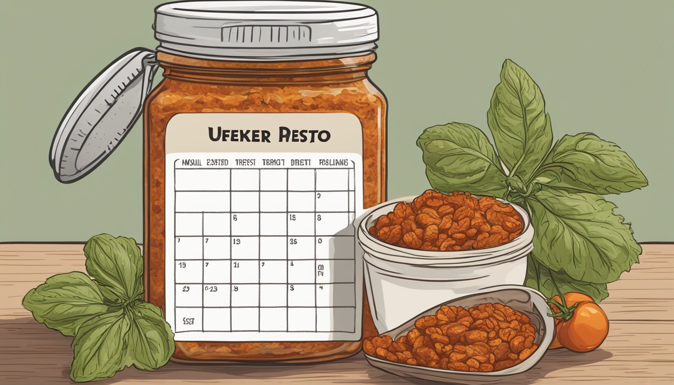 A jar of sun-dried tomato pesto next to a calendar showing an expired date. A moldy and discolored pesto with a foul smell