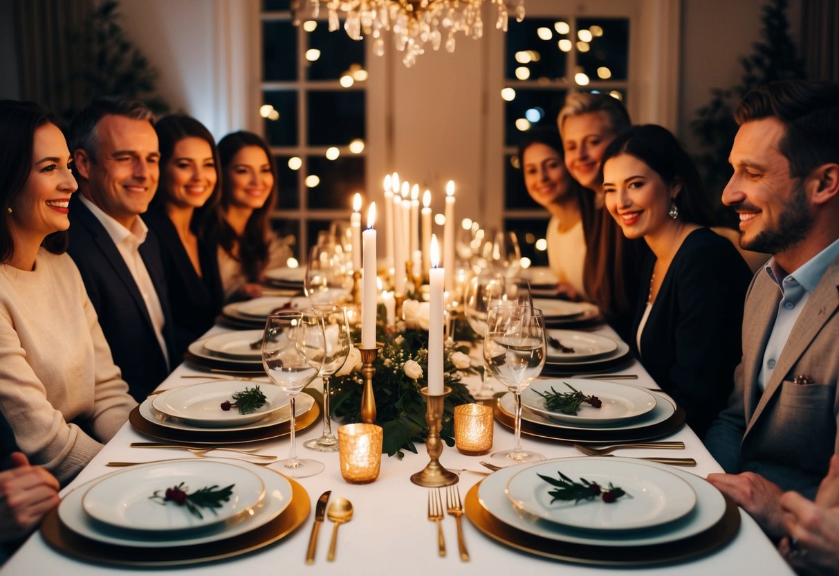 A table set with elegant dinnerware and candles, surrounded by friends and family, with a warm and celebratory atmosphere