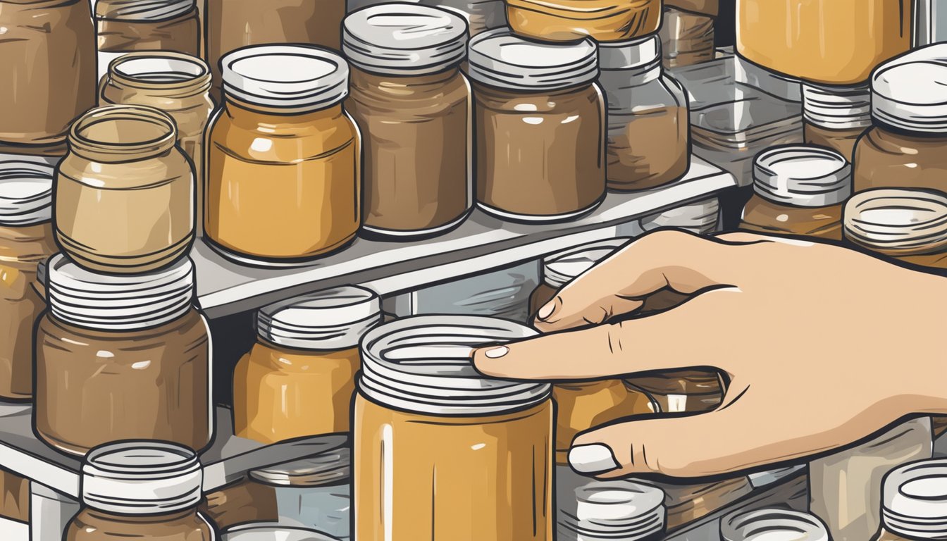 A pantry shelf with jars of nut butter, labeled with expiration dates. A hand reaches for a jar, questioning its safety