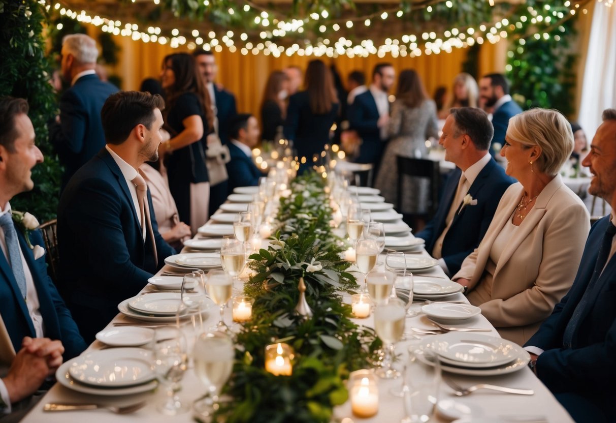 A table set with elegant dinnerware, surrounded by twinkling lights and lush greenery, as guests mingle and chat in a warm and inviting atmosphere