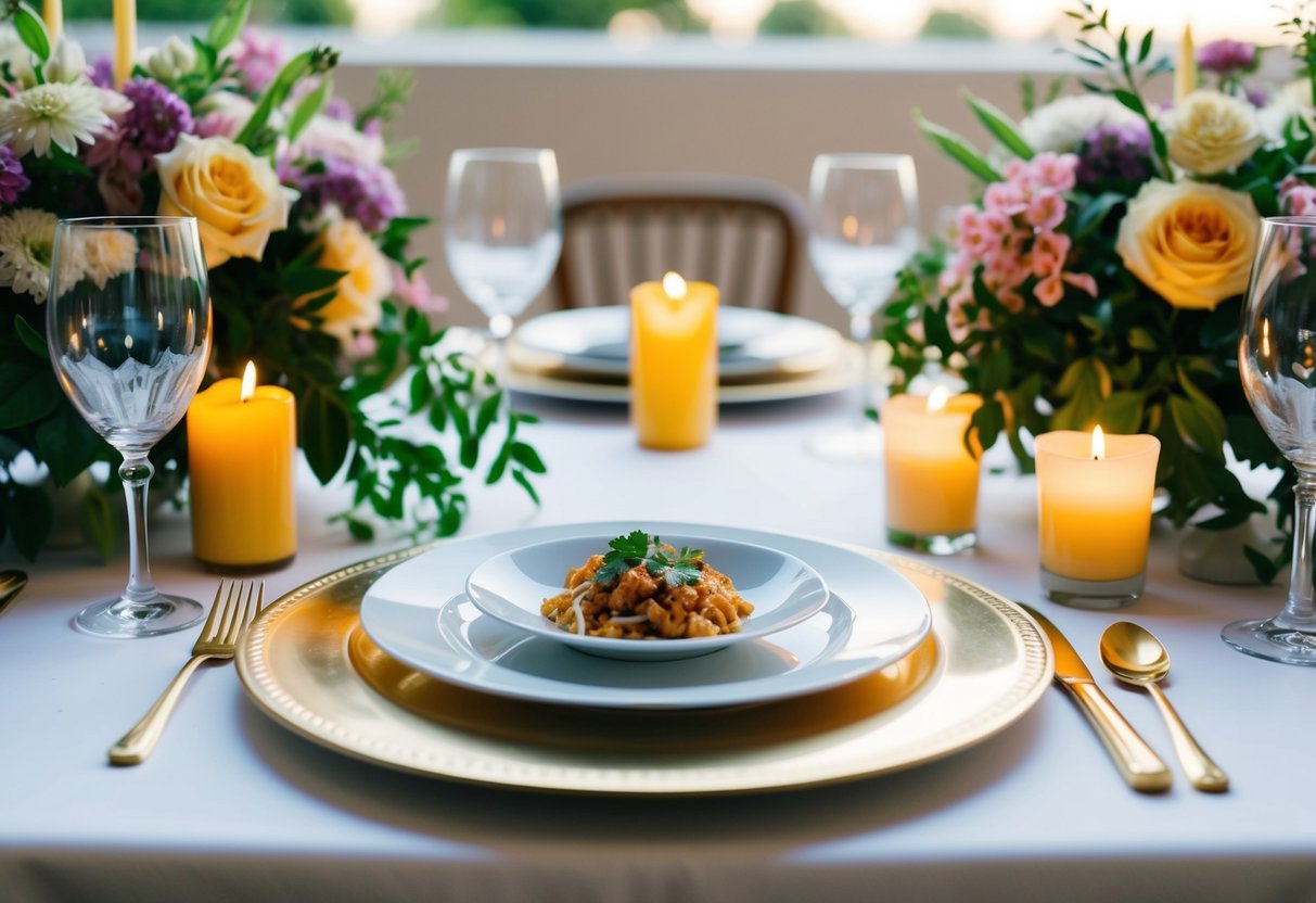 A table set with elegant place settings, surrounded by flowers and candles, with a plate of food placed in the center