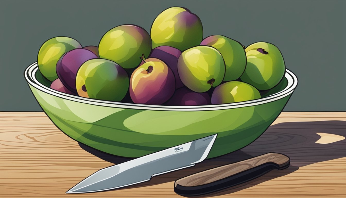 A bowl of unripe plums next to a knife and cutting board, with a question mark hovering above them