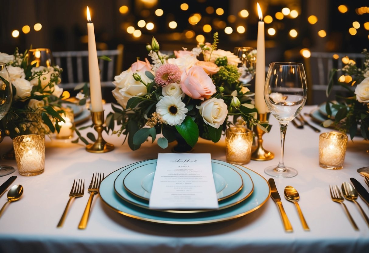 A beautifully set table with elegant place settings, surrounded by flickering candlelight and adorned with fresh flowers