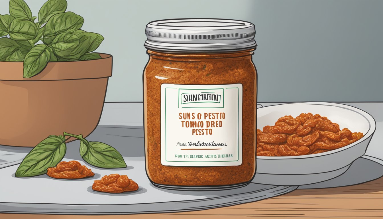 A jar of sun-dried tomato pesto sits on a kitchen counter, past its expiration date. The lid is slightly ajar, and the pesto appears to have separated