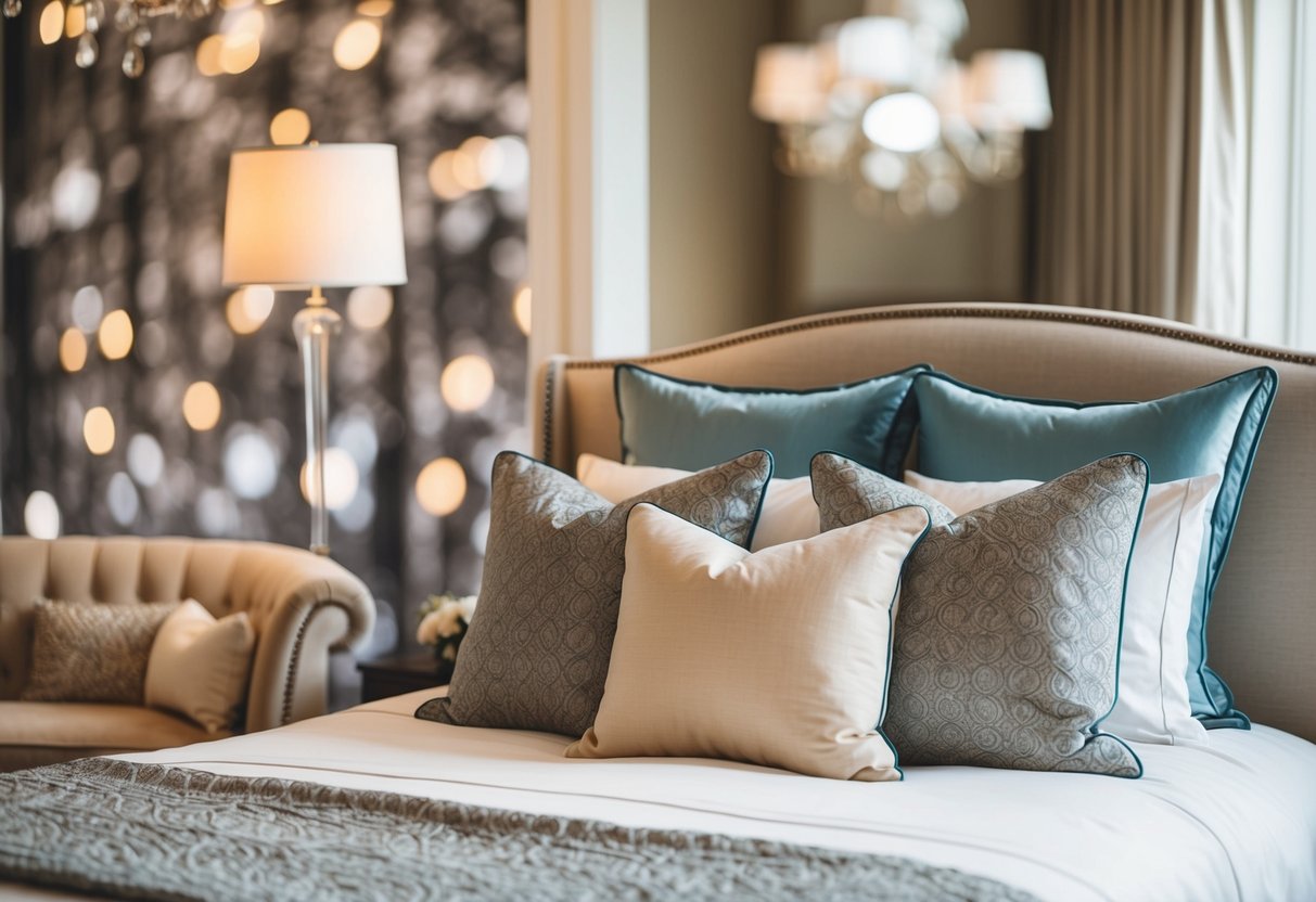 A cozy bedroom with a beautifully made bed, adorned with luxurious linens and decorative pillows, set against a backdrop of elegant wedding registry items
