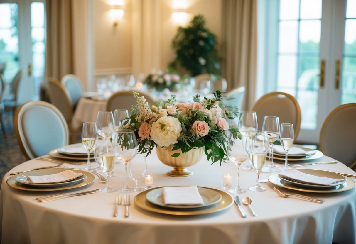 A table set with elegant place settings, adorned with floral centerpieces, awaits guests in a softly lit dining room