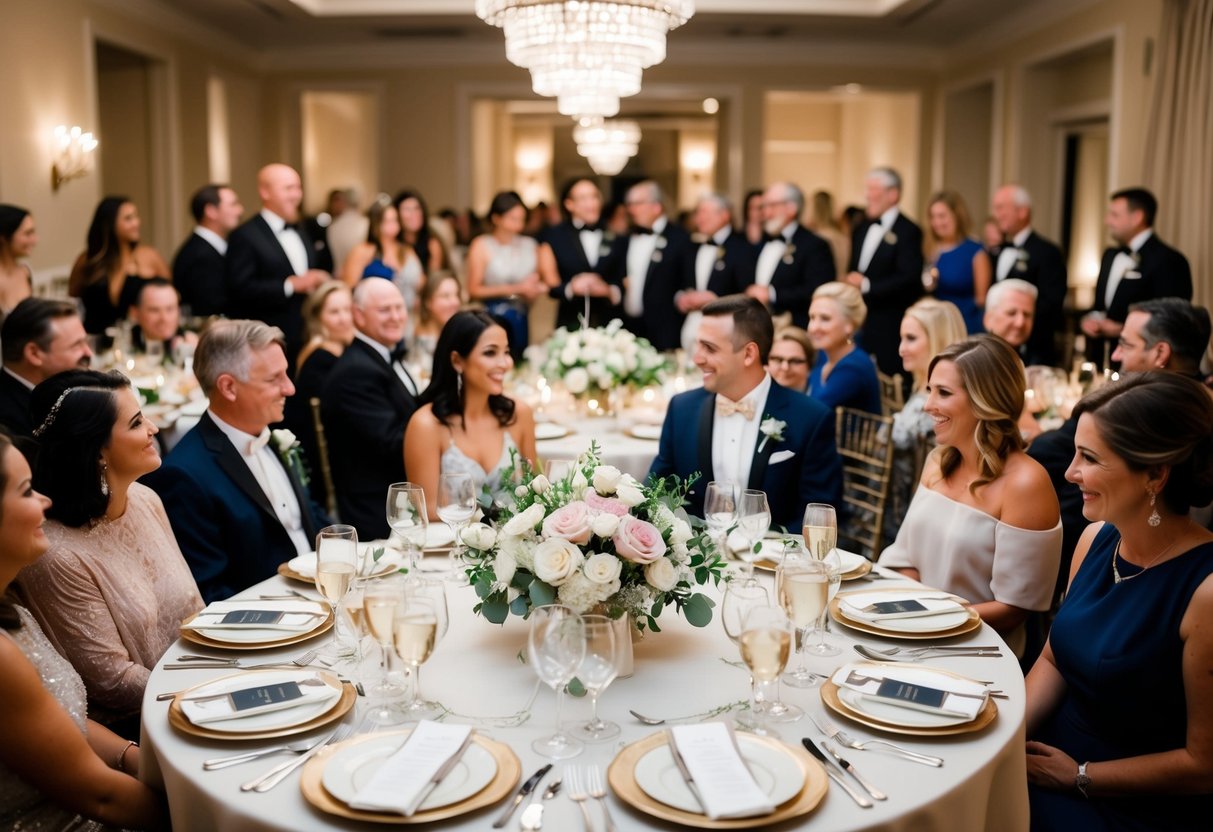 A table set with elegant dinnerware and floral centerpieces, surrounded by friends and family gathered for a rehearsal dinner
