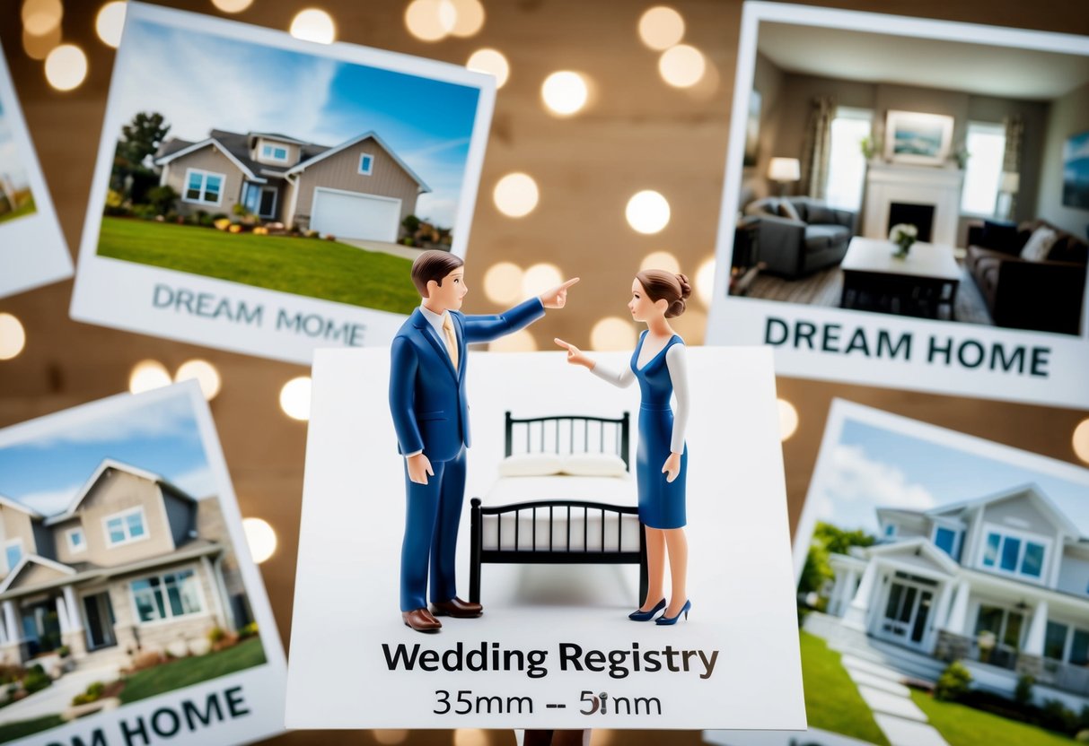 A couple standing together, pointing at a bed on a wedding registry, surrounded by images of their dream home