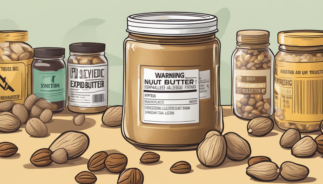 A jar of expired nut butter with a warning label, surrounded by various nuts and allergic reaction symptoms