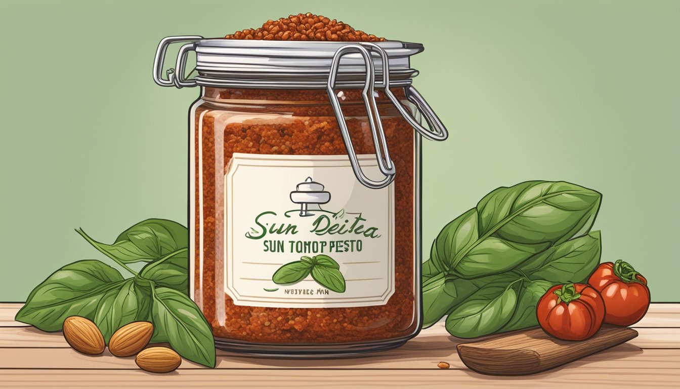 A jar of sun-dried tomato pesto sits on a kitchen counter, surrounded by fresh basil, pine nuts, and a mortar and pestle