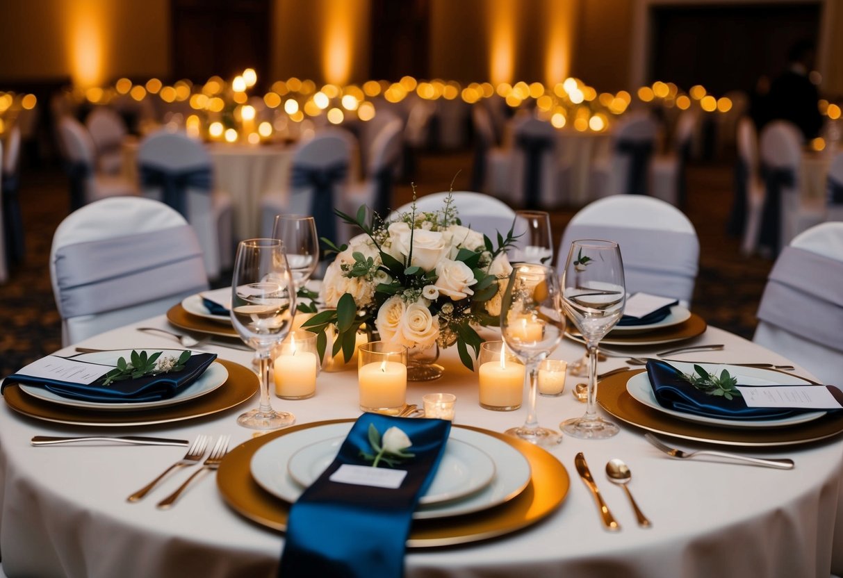 A table set with elegant place settings, surrounded by warm candlelight and soft music, awaits the arrival of guests for the rehearsal dinner