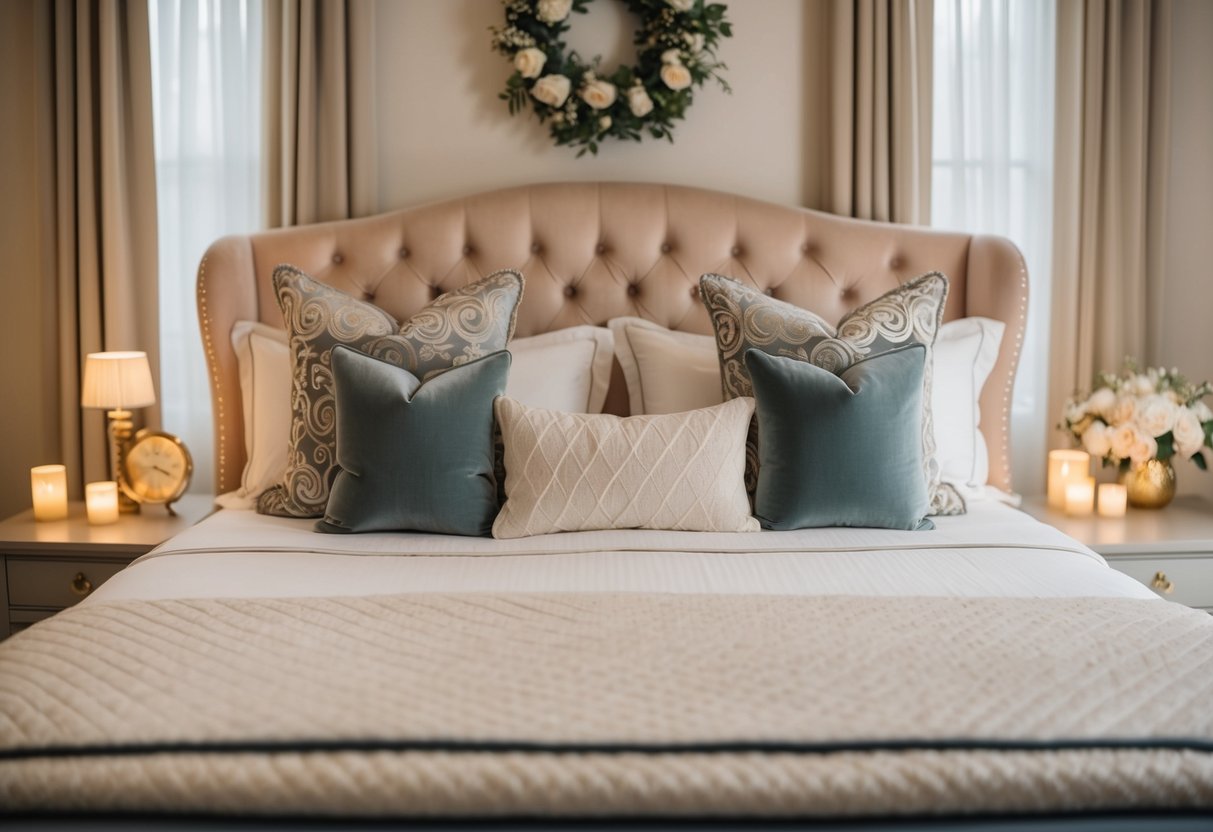 A cozy, elegantly made bed with luxurious bedding and decorative pillows, surrounded by soft lighting and romantic décor