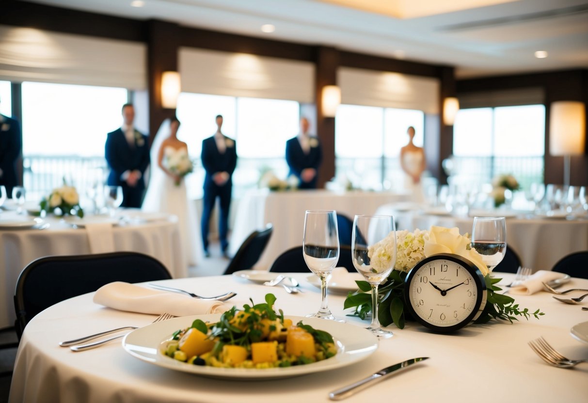 A table set with a meal, a wedding rehearsal in progress, and a clock showing the time