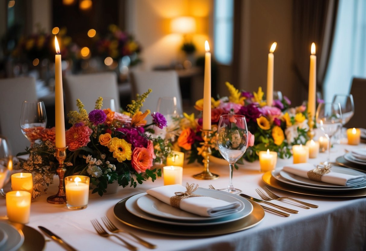 A table set with elegant place settings, adorned with colorful flowers and flickering candles. A warm, inviting glow fills the room as the aroma of delicious food wafts through the air