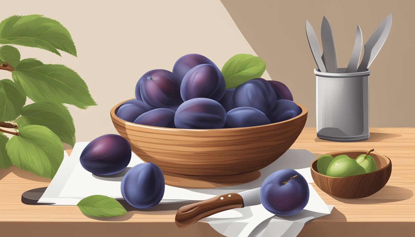 A bowl of ripe and unripe plums, with a knife and cutting board nearby