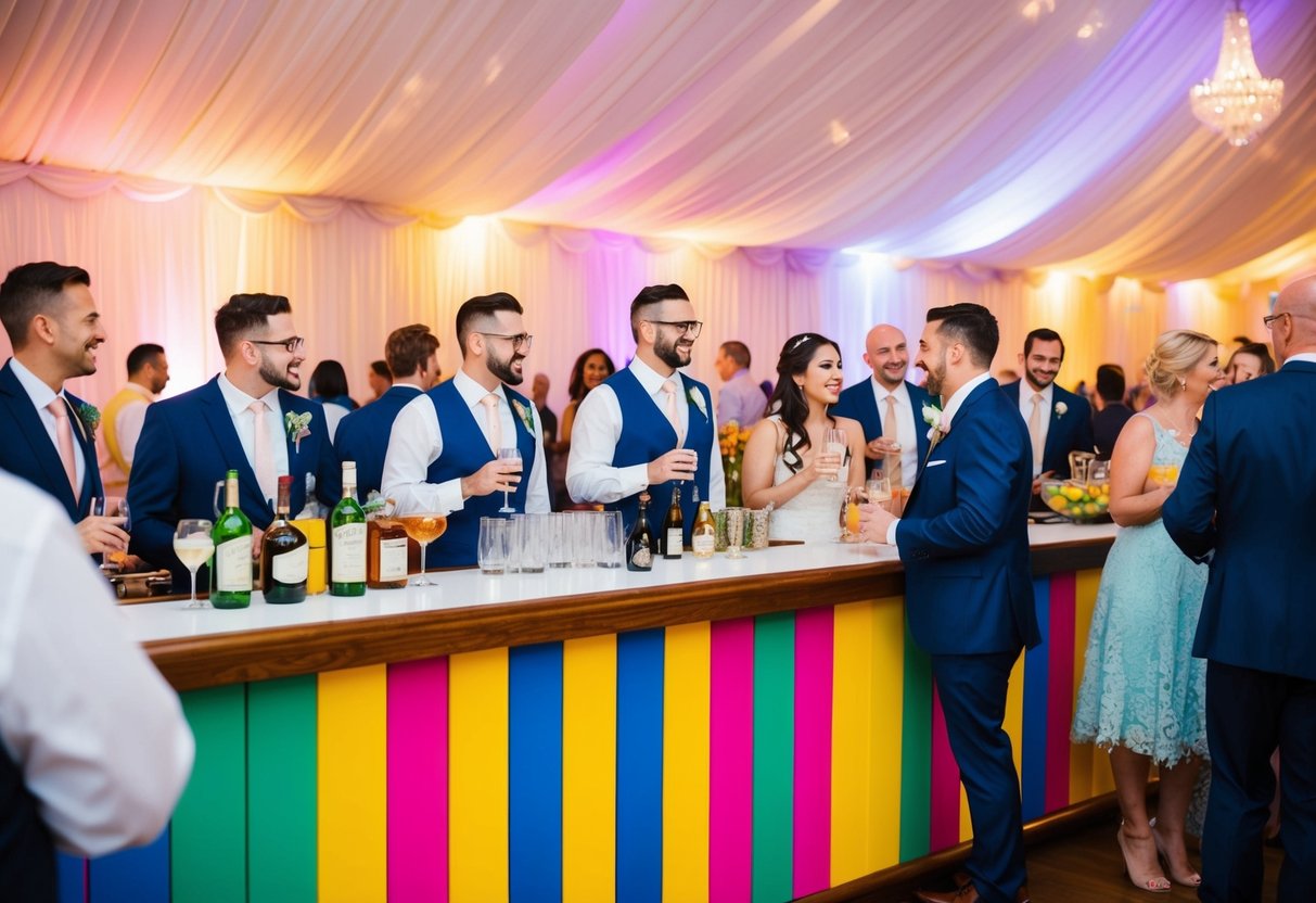A colorful, festive wedding reception with a fully stocked bar and guests enjoying drinks and conversation