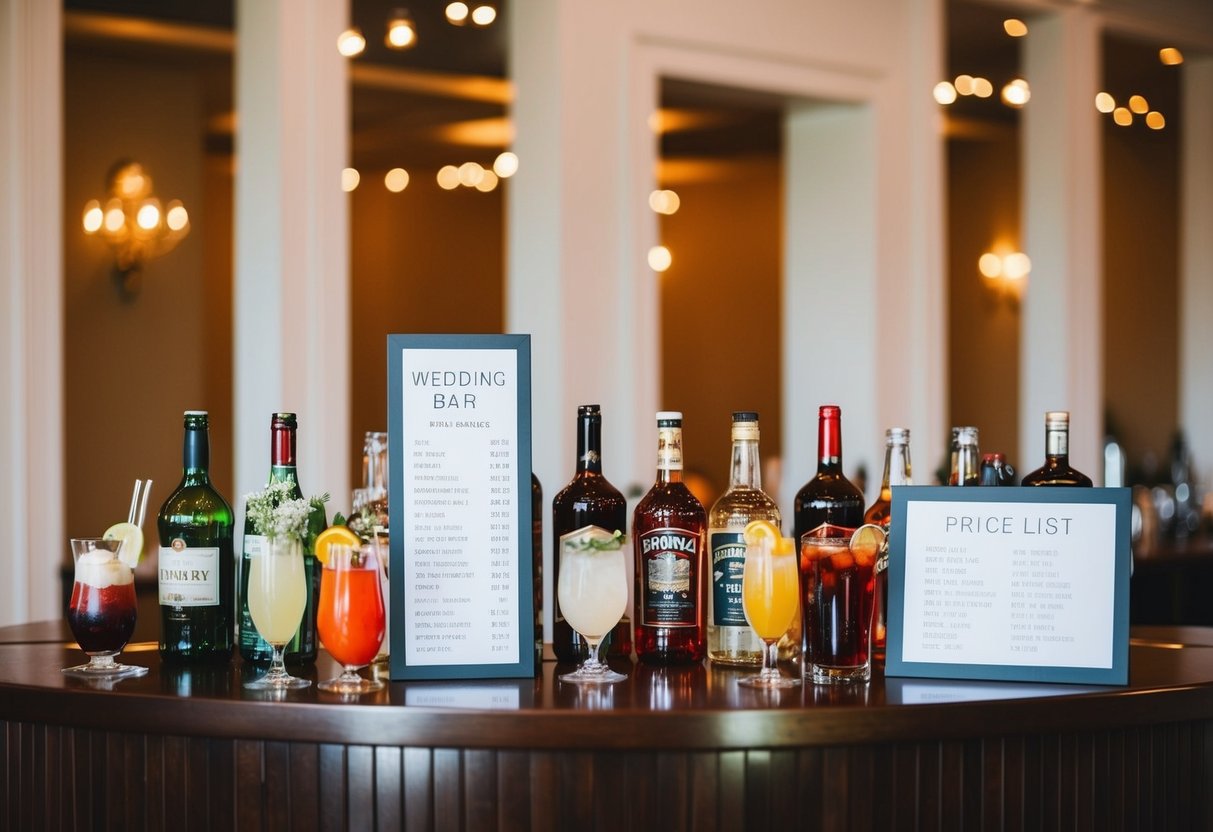 A wedding bar with a variety of drinks and a price list displayed
