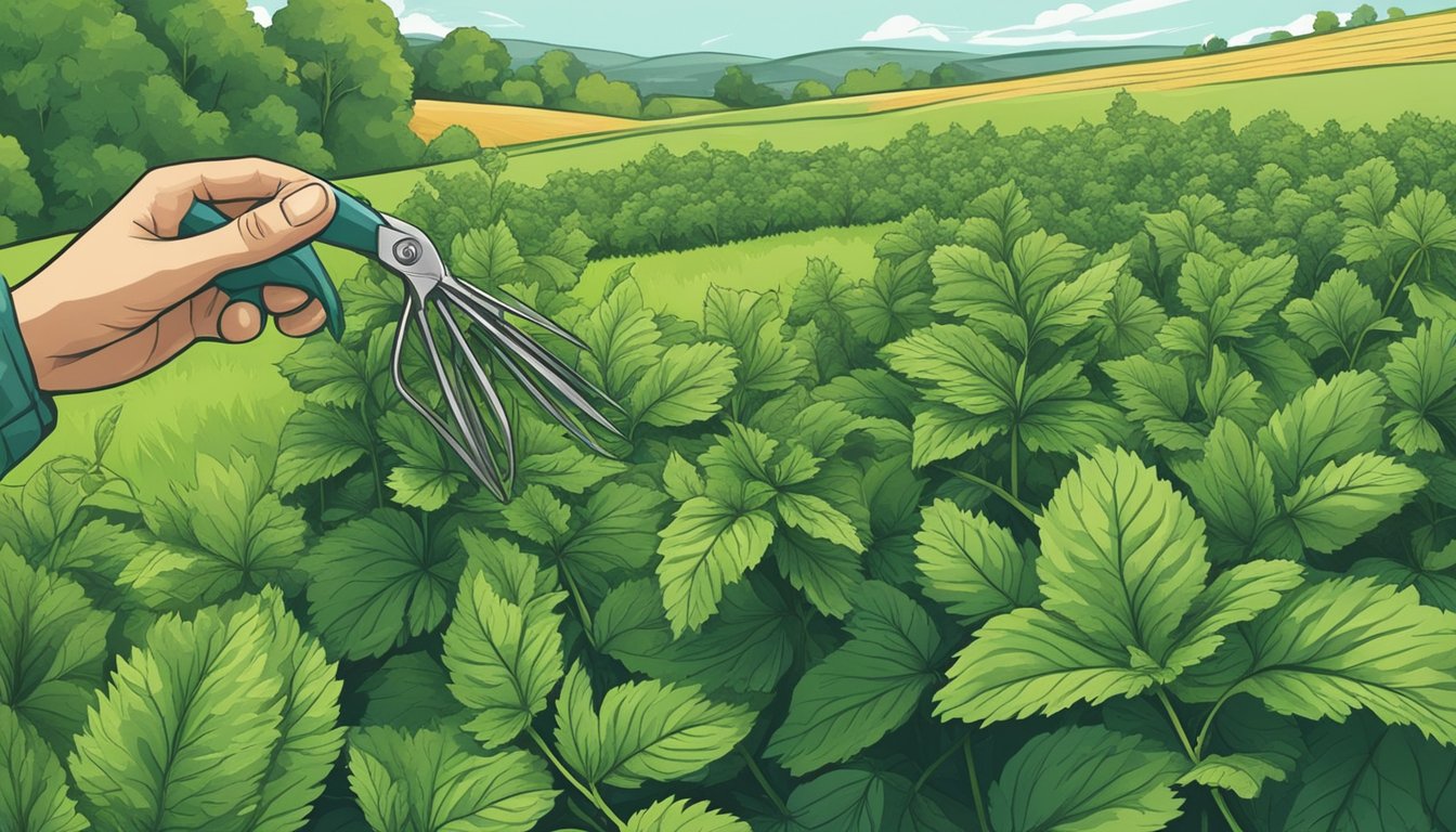 A person harvesting fresh nettles from a lush green field, wearing gloves and using a pair of scissors to carefully snip the leaves