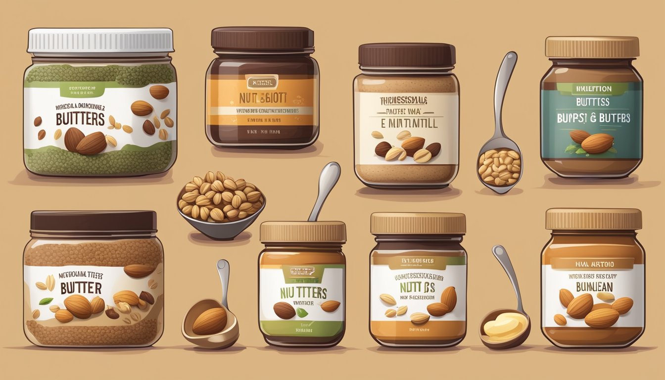 A variety of nut butters surrounded by whole nuts, seeds, and fruits, with a measuring scale and nutrition labels in the background